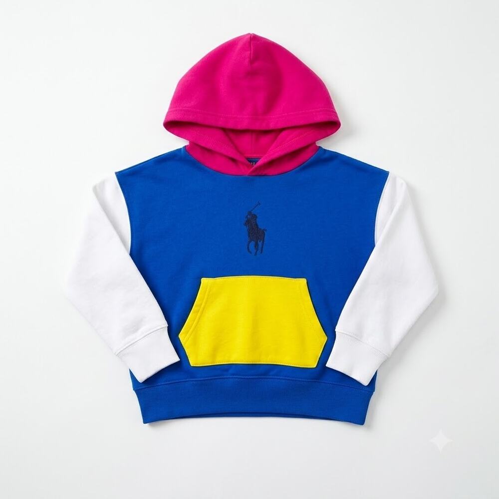 POLO Ralph Lauren Big Pony Colorblock Hoodie Blue White Pink Girls 7